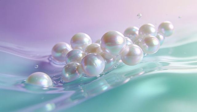 Iridescent pearl cluster floating on pastel liquid with soft bokeh reflections