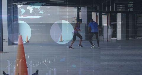Athletes training in industrial warehouse with ar analytics overlay and cone drills