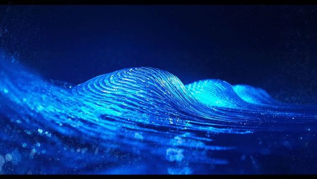 Pulsing neon blue wave with glowing flux in dark void