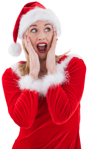 Excited Woman in Santa Hat with Hands on Face Celebrating Christmas