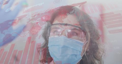 Scientist in Mask Analyzing COVID-19 Vaccine Data Overlay