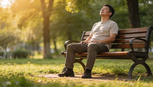 Middle-aged asian man relaxing on sunlit park bench during golden hour