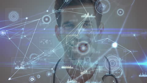 Smiling Doctor with Futuristic Digital Network Interface