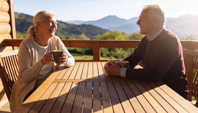 Senior couple laughing on mountain cabin deck sipping coffee in sunlit rustic morning
