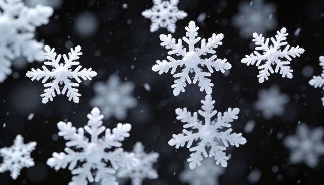 Macro Snowflakes Falling on Dark Background Revealing Dendritic Frost Crystals Closeup