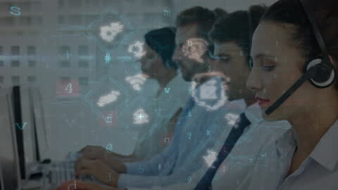 Call Center Team with Digital Interface Overlay
