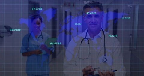 Doctor and nurse in hospital corridor with global data overlay
