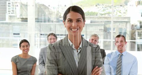 Confident Businesswoman Leading Team with Data Overlay - Download Free Stock Images Pikwizard.com