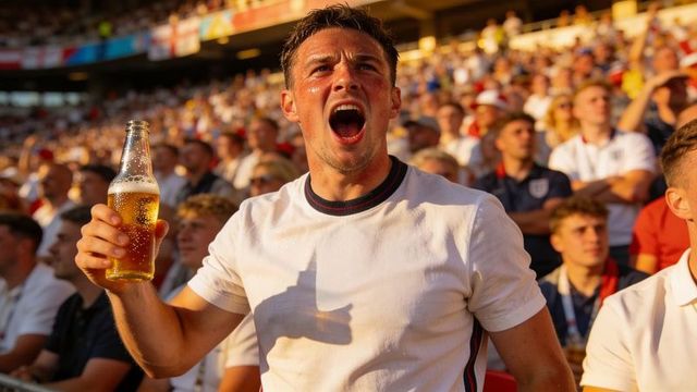 Young male football fan cheering with beer in sunlit stadium crowd, victory emotion