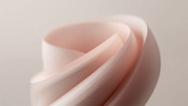 Flowing pastel pink spiral ribbon sculpture with satin-matte finish, soft curves, abstract