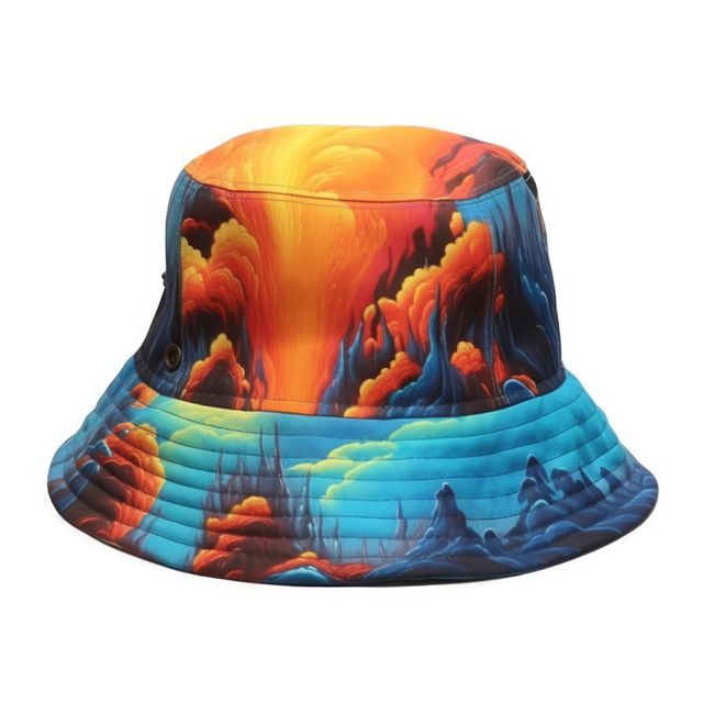 Bucket hat with colourful landscape on white background, created using generative ai technology. Fashion, hats and headwear concept digitally generated image.
