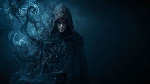Mystical hooded assassin sorcerer channeling dark magic