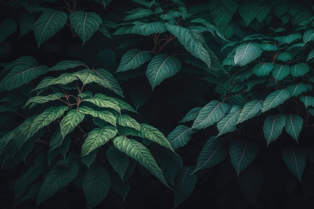 Close up of green plants leaves on black background created using generative ai technology. Tropical foliage, nature and background concept digitally generated image.