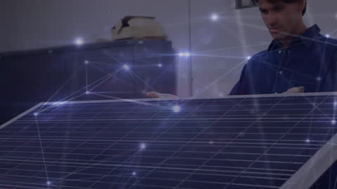 Engineer Analyzing Smart Solar Panel System with Network Overlay