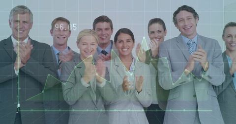 Business Team Celebrating Success With Data Visualization Overlay and Rising Line Graph