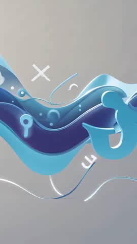 Vertical ribbon unfurling with floating digital icons and futuristic fluid motion