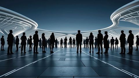 Silhouetted professionals excellent in futuristic torium venue