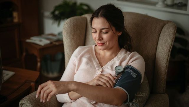 Woman relaxing at home monitoring blood pressure for self-care