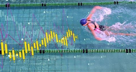 Swimmer training with analytics overlay in pool lane, sports performance concept