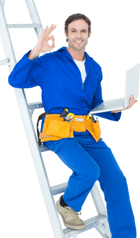 Transparent Repairman Confirming Work Using Laptop