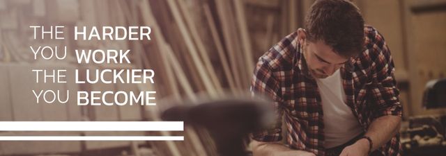 Focused man working diligently on a project in a workshop while a motivational quote highlights the importance of hard work and dedication. This can be used for encouraging productivity in personal and professional contexts, featuring messages about perseverance and effort.