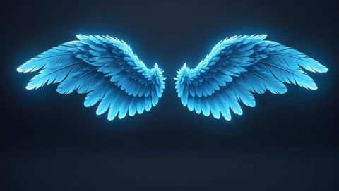 Illuminated blue fantasy angel wings on dark background