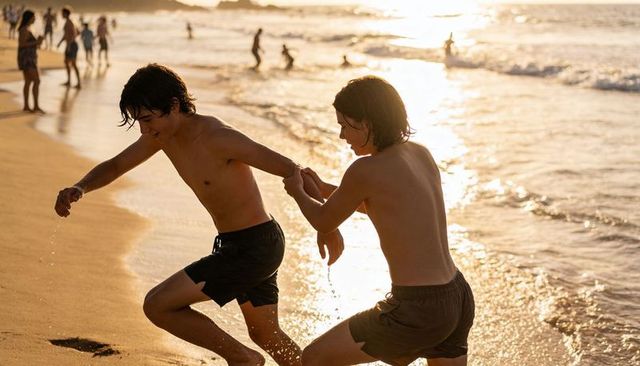 Teen boys running along beach surf at sunset holding hands golden hour