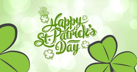 Green typographic St. Patrick's Day design featuring clover leaves on a subtle spotlight background.