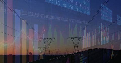 High-voltage towers meeting financial data in evening sky