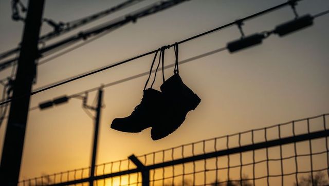 Hanging lace-up boots swinging on overhead wires at sunset silhouette urban grit