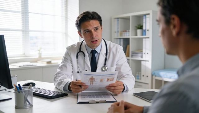 Doctor consulting patient explaining medical report with anatomy diagram in bright clinic