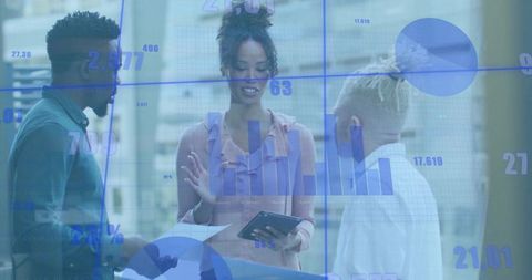 Team analyzing business data innovations with digital visualizations