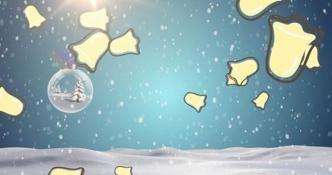 Falling Bells and Festive Bauble on Snowy Background