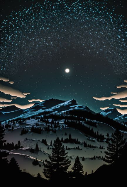 Spectacular night view depicting a moonlit mountain range lined with snow-capped peaks and forested slopes. Twinkling stars and faintly illuminated clouds add to the magical ambiance, perfect for use in nature-themed designs, backgrounds, and posters promoting outdoor activities or relaxation.