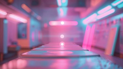 Stylish neon-lit laundromat ambiance