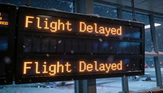 Winter airport led departure board showing flight delayed with snowfall and grounded plane