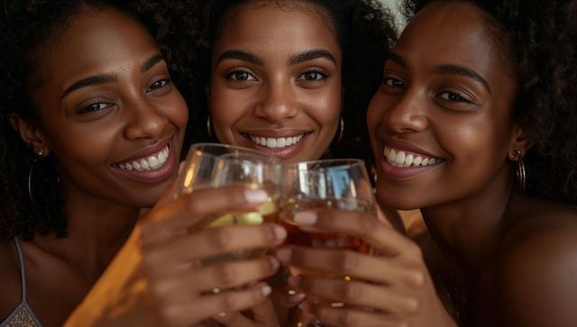 Close-up trio clinking wine glasses smiling friends wearing hoop earrings and strappy tops