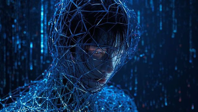 Glowing blue wireframe female android portrait evoking cyberpunk neural network aesthetic
