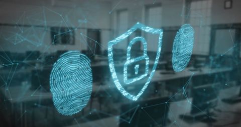 Digital security icons overlaying modern workplace