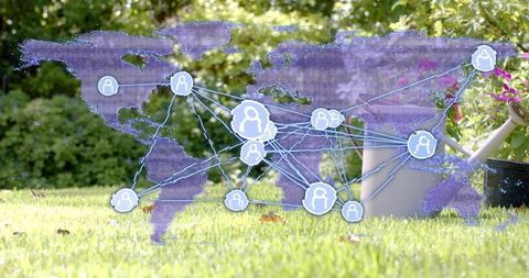 Connecting global network overlay across sunlit garden lawn for sustainability concept