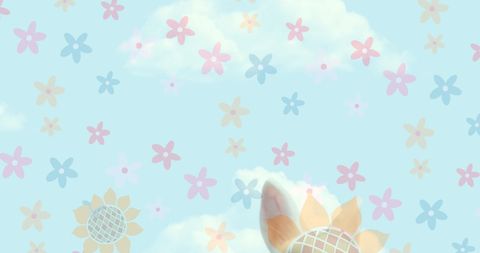 Easter bunny and pastel flowers against sky