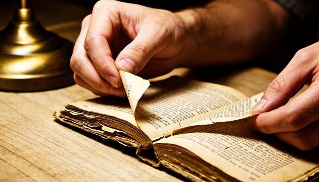 Hands Turning Pages of Antique Book Under Warm Lamp Light, Vintage Reading Close-Up