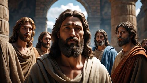 Meditative spiritual gathering of jesus' disciples under historical archway