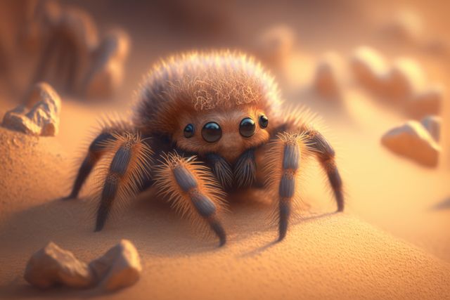 Fuzzy baby spider shown in detailed close-up against desert sand background with scattered small rocks. Ideal for educational materials on wildlife, nature documentaries, children's books, or decoration in science classrooms.