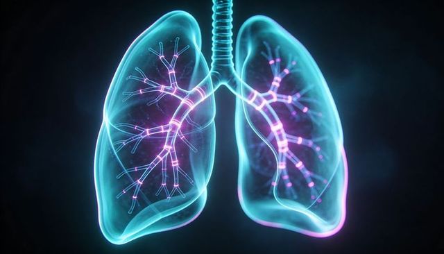 Translucent Neon Lungs with Glowing Bronchial Tree and Trachea 3D Medical Illustration
