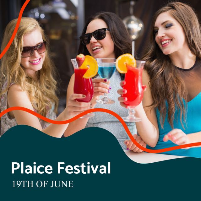 Three Caucasian female friends are toasting with colorful cocktails at an outdoor festival. They are smiling, wearing sunglasses, and enjoying the event. Suitable for promoting summer events, festivals, parties, and nightlife activities.