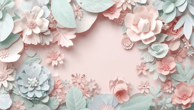 Framing pastel paper flowers and mint leaves creating delicate floral frame for invitations