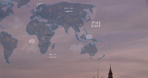 Futuristic World Map Overlay with Data Visualization Icons