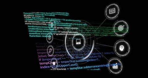 Futuristic holographic hud network dashboard with central laptop node and streaming code