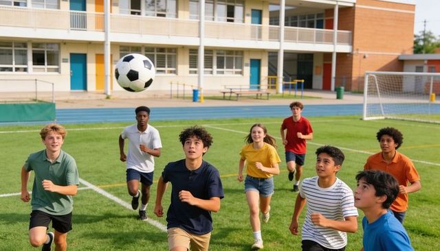 Teenagers running and chasing soccer ball on school field, energetic youth playing